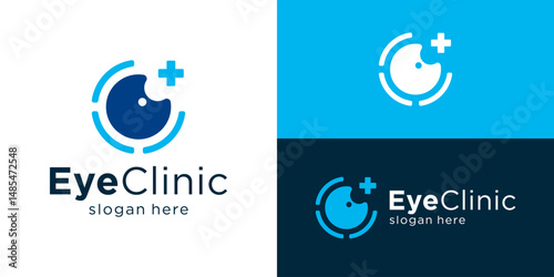 Creative simple eye clinic logo template. Eye ball with plus symbol for Optic care logo design vector illustration.