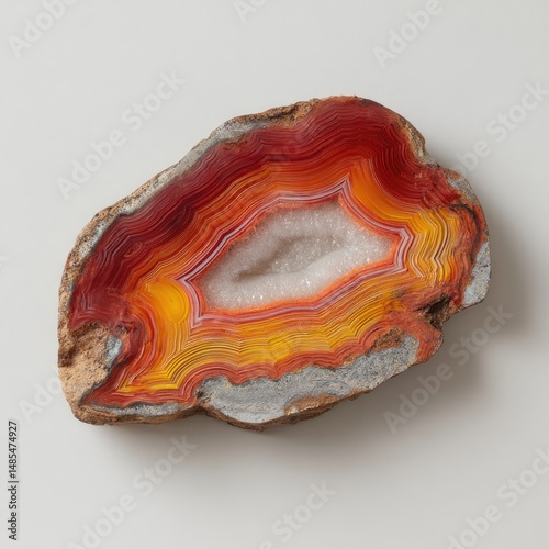 A vibrant agate slice with concentric, layered colors