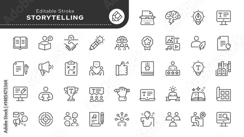 Storyteller line icon set. Copywriting, writing a book, writer, story, autor, idea, blog, content and more . Outline icon in linear style. Vector collection.	