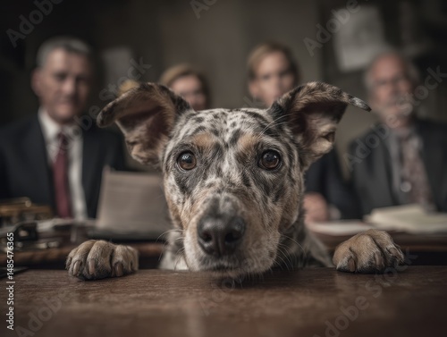 A  dog looking intently at the viewer over a wooden table.