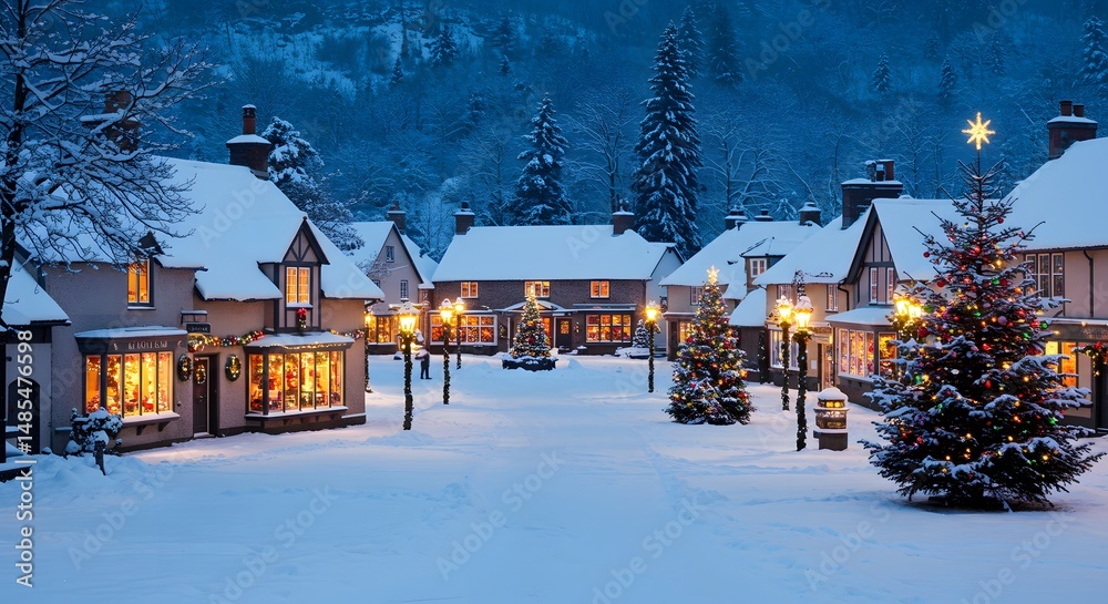 Naklejka premium Enchanting Snow-Covered Village at Christmas Eve