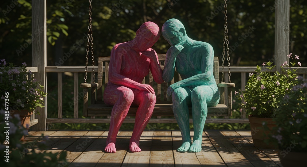 Fototapeta premium Empathetic Figures on Porch Swing, Pastel Sculptures in Tranquil Garden Setting