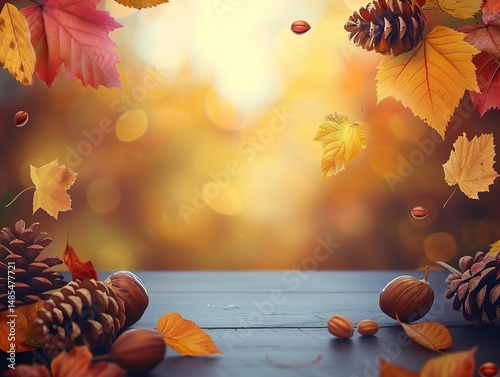 Autumn background with falling leaves and pine cones and copy space for text, illustration.