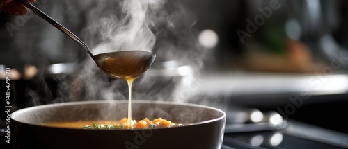 Fototapeta Naklejka Na Ścianę i Meble -  Chef ladling hot, steamy vegetable soup into a bowl in a kitchen Concept of healthy eating, comfort food, and homemade cooking