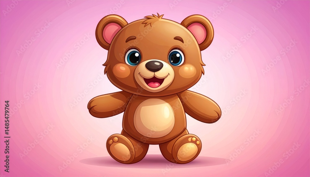 Obraz premium Cute cartoon teddy bear with big blue eyes and a happy smile, sitting on a pink gradient background.