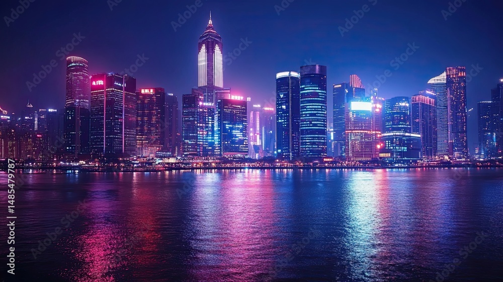 Obraz premium Metropolitan nightscape with vibrant reflections dancing on the water's surface