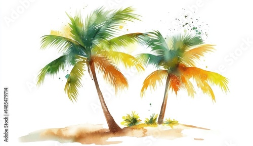 Two watercolor palm trees on a sandy beach