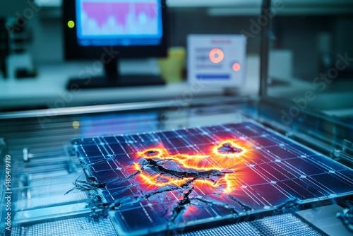 Accelerated weathering chamber interior showing cracked solar cells under intense UV radiation, thermal imaging hotspot overlays, and lab safety labels with data monitors in background bokeh