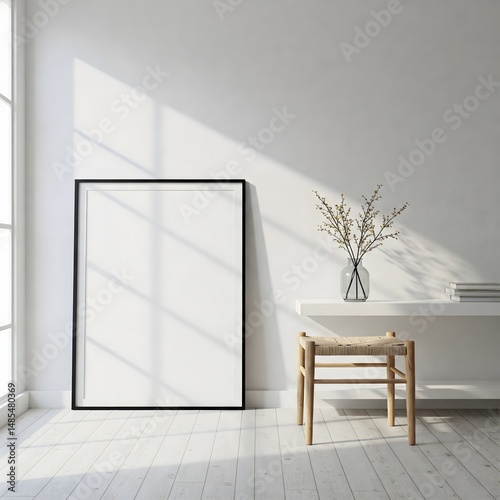 Frame mockup, ISO A paper size. Living room wall poster mockup. Interior mockup with house background. Modern interior design. 3D render 