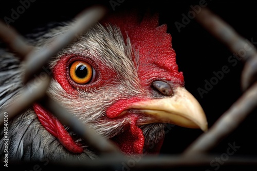 Close-up view of a hen's head behind wire mesh.