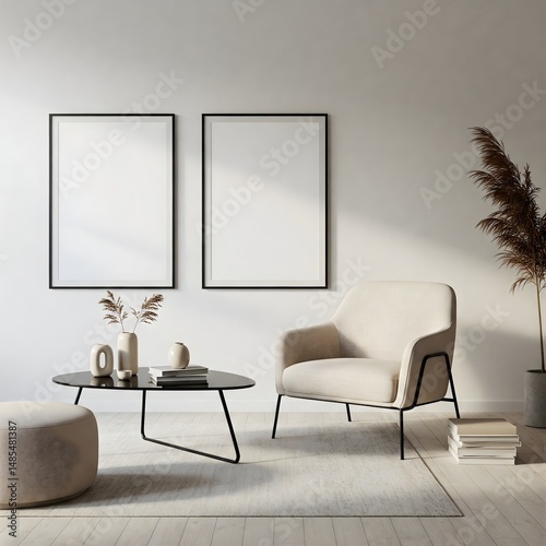 Frame mockup, ISO A paper size. Living room wall poster mockup. Interior mockup with house background. Modern interior design. 3D render 