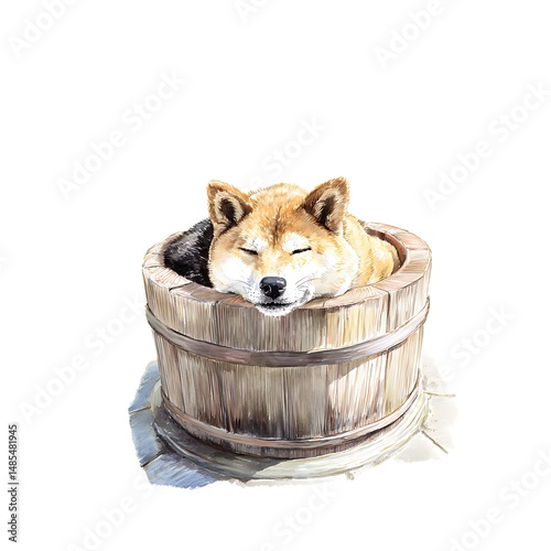 A Shiba Inu Dog Sleeping Peacefully in a Wooden Barrel.