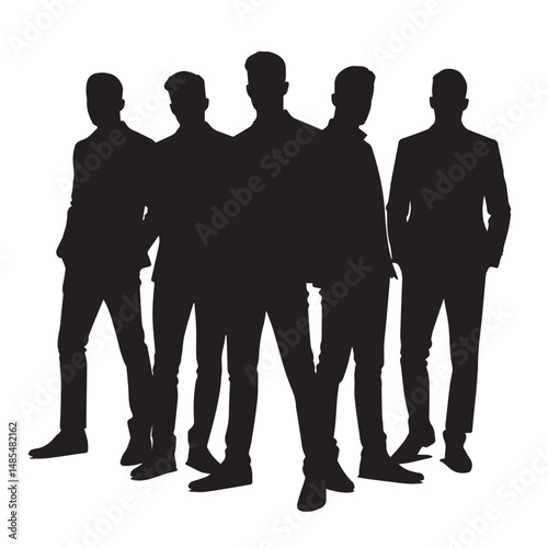 Vector silhouettes of men and women, depicting a group of standing business professionals in various poses, shown in black on a white background
