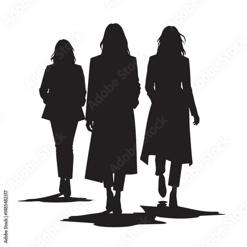 Vector silhouettes of men and women, depicting a group of standing business professionals in various poses, shown in black on a white background
