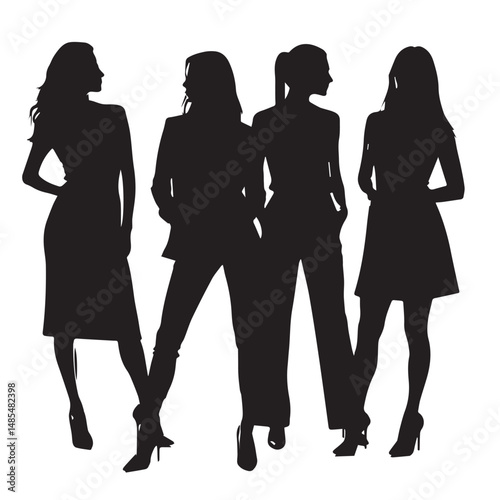 Vector silhouettes of men and women, depicting a group of standing business professionals in various poses, shown in black on a white background
