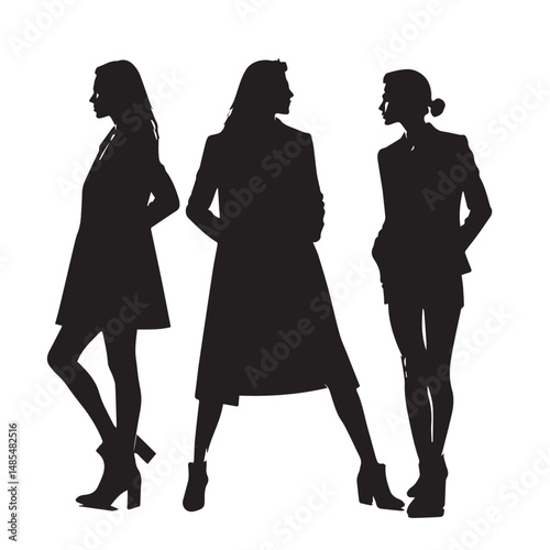 Vector silhouettes of men and women, depicting a group of standing business professionals in various poses, shown in black on a white background
