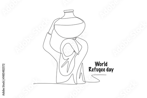 Refugees carrying water containers. World refugee day concept one-line drawing