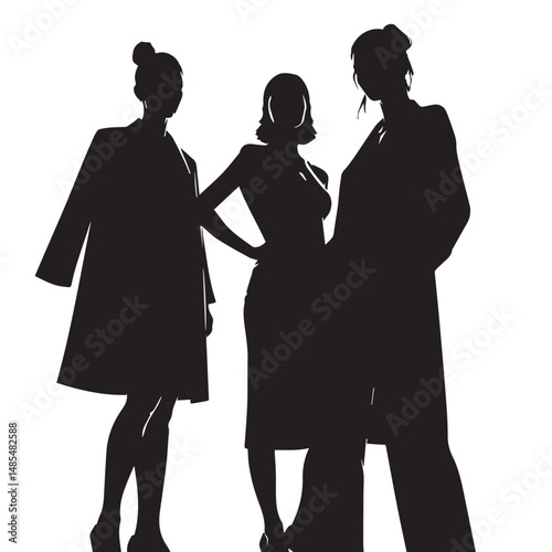 Vector silhouettes of men and women, depicting a group of standing business professionals in various poses, shown in black on a white background

