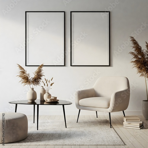 Frame mockup, ISO A paper size. Living room wall poster mockup. Interior mockup with house background. Modern interior design. 3D render 