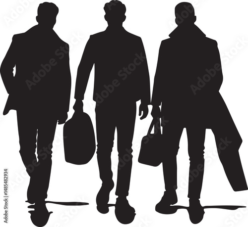 Vector silhouettes of men and women, depicting a group of standing business professionals in various poses, shown in black on a white background
