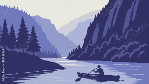 Kayaker paddling through fjord at twilight