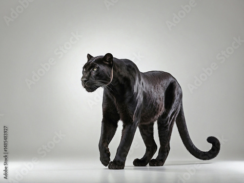 A side-profile full-body image of a panther standing calmly