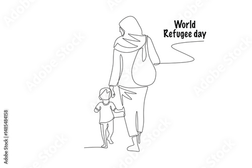 Refugees bring their children. World refugee day concept one-line drawing