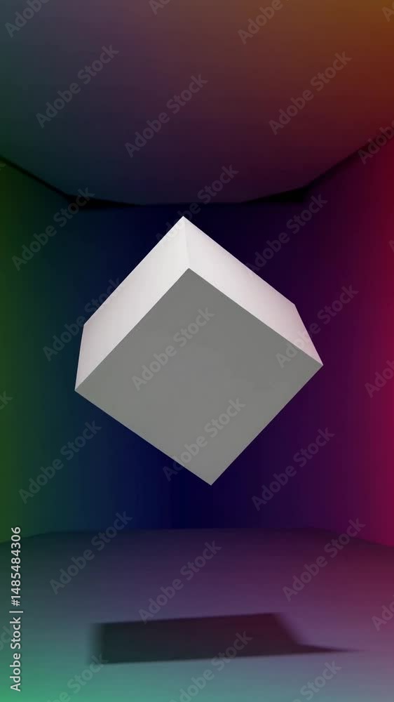 Cube blanc minimaliste flottant dans un espace coloré abstrait