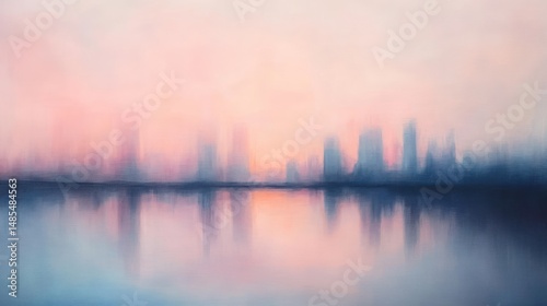 Ephemeral city skyline reflected in tranquil waters, bathed in pastel hues