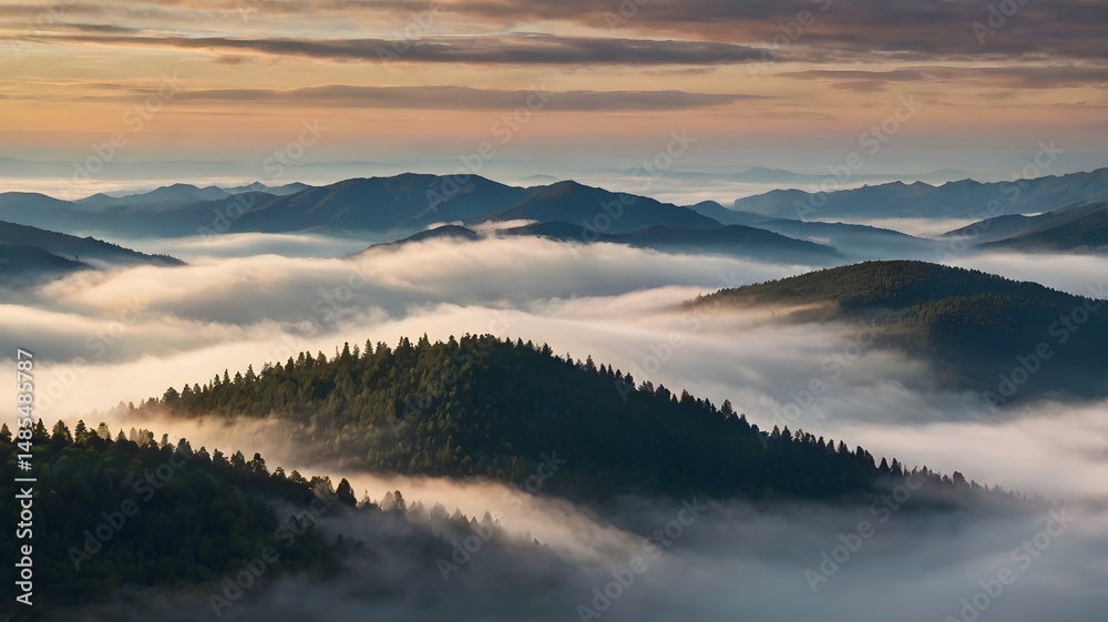 Fototapeta premium The Quiet Majesty: Mountains in Their Serene Foggy Embrace 