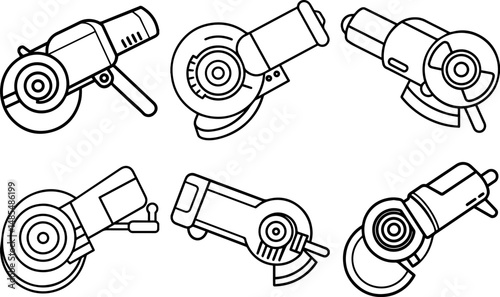 Set of Angle grinder outline vector illustration line art