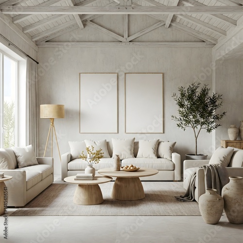 Frame mockup, ISO A paper size. Living room wall poster mockup. Interior mockup with house background. Modern interior design. 3D render 