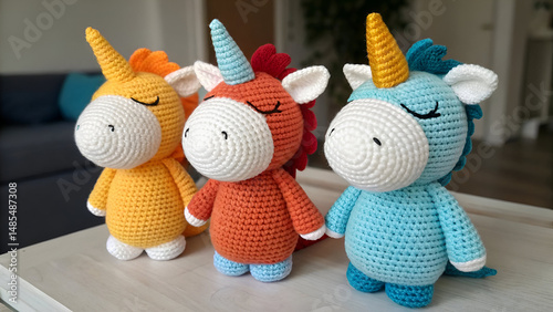 Knitted unicorn plush toys in vibrant colors