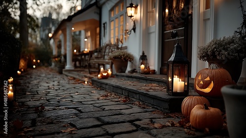Halloween porch, autumn evening, home, warm lights
