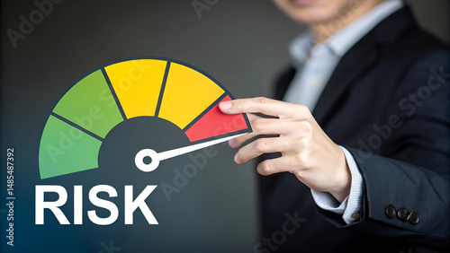 Business person with risk gauge and moderate needle