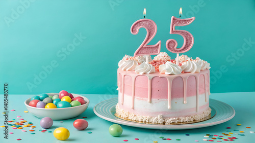Pink birthday cake with number 25 candles