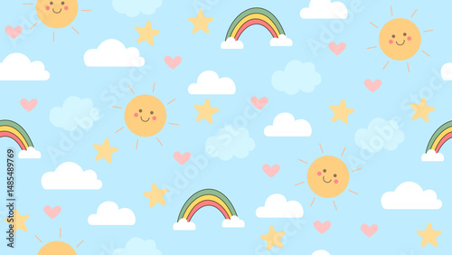 Happy Sky Pattern with Suns, Rainbows, and Hearts. Cute seamless sky pattern with smiling suns, clouds, rainbows, hearts, and stars on a blue background for kids and baby themes.