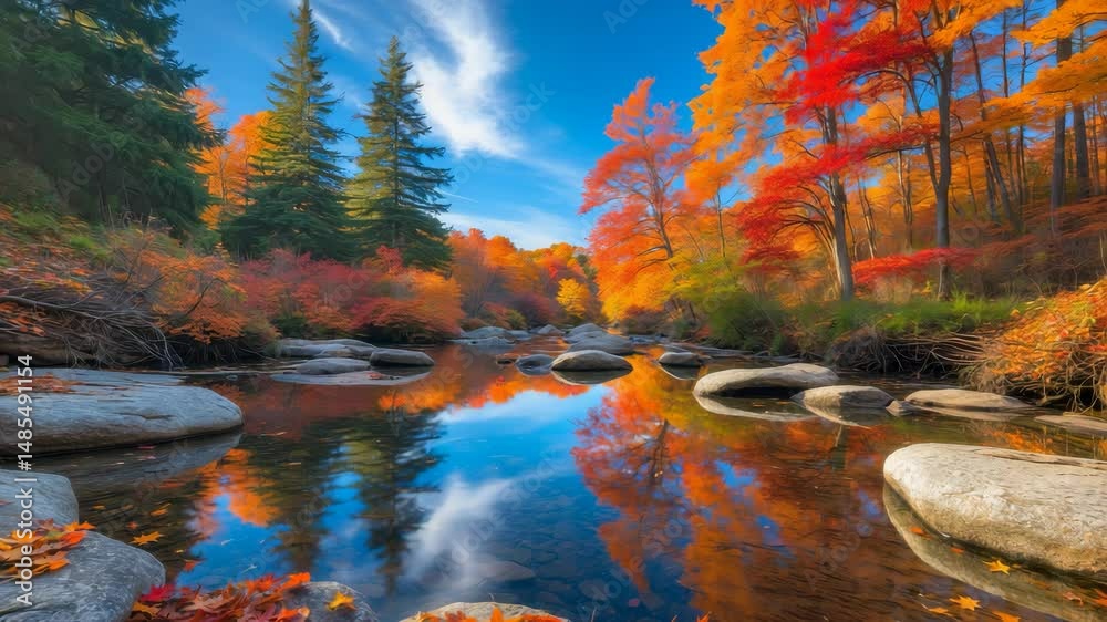 Stream of rocks traversing a brilliantly colored forest