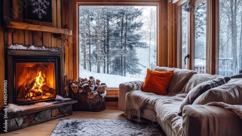 Cozy Winter Cabin Fireplace Scene: Warmth, Comfort, and Snow-Covered Landscape