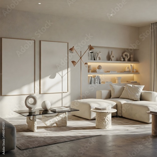Frame mockup, ISO A paper size. Living room wall poster mockup. Interior mockup with house background. Modern interior design. 3D render 