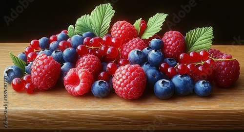 Wallpaper Mural Fresh assortment of ripe raspberries, blueberries, and red currants with green leaves arranged on a wooden surface against a dark background Torontodigital.ca