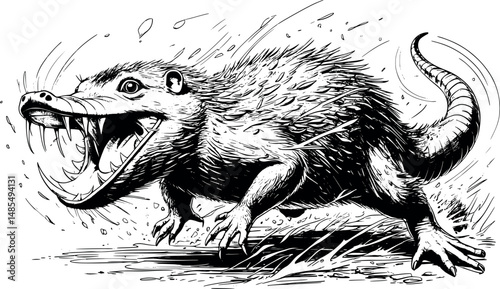 Furious platypus vector engraving illustration on white