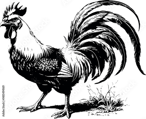 Vector of enraged rooster in engraving style isolated