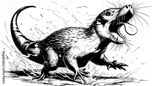 Furious platypus vector engraving illustration on white