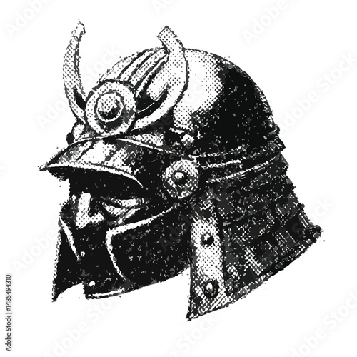 Cyber Samurai with retro photocopy stipple effect, for grunge punk y2k collage design. Vector illustration in vintage halftone brutalist design . streetwear t shirt element 