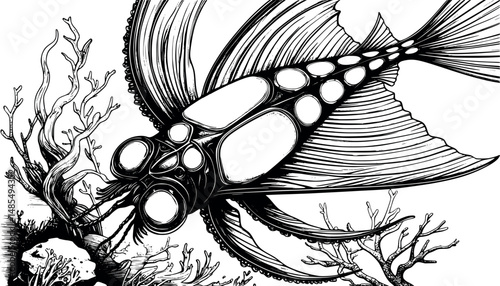 Lanternfish in stylized engraving with vintage shading white background
