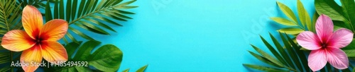Vibrant tropical blooms & lush leaves arranged on a bright blue background , green, blue