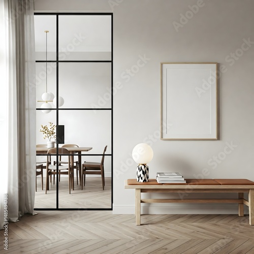 Frame mockup, ISO A paper size. Living room wall poster mockup. Interior mockup with house background. Modern interior design. 3D render 