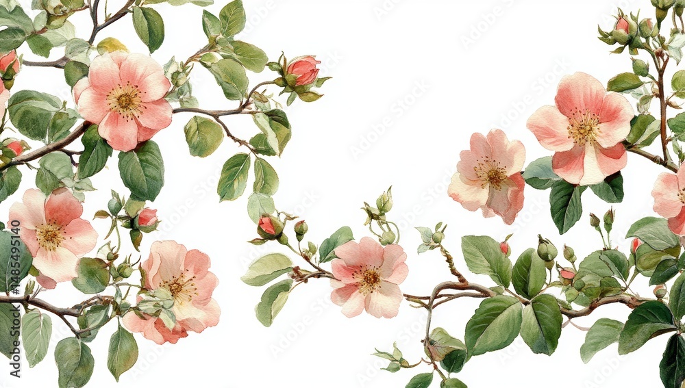 Fototapeta premium Delicate roses and leaves, illustrated in watercolor, create a repeating summer pattern perfect for textiles and botanical designs