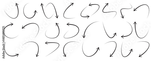 Simple lines hand drawn black arrows set in various style, curved, sketch, isolated on transparency background